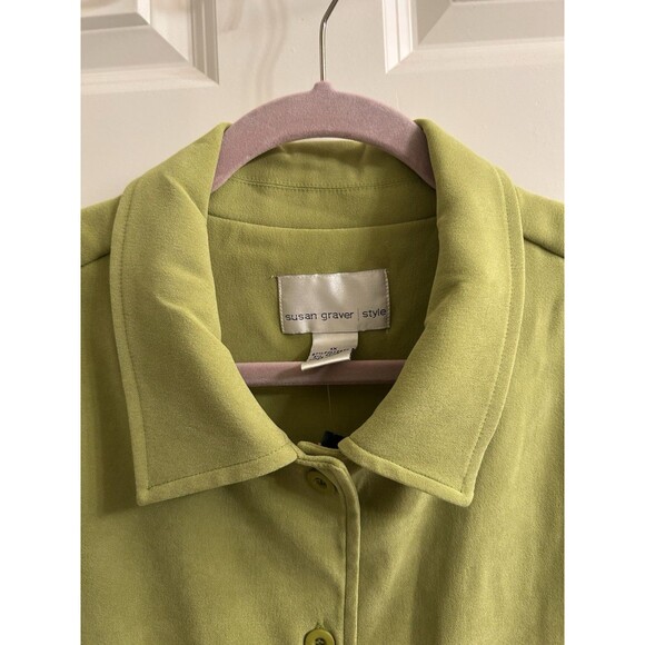 Susan Graver Women’s Green Long Sleeve Microsuede Button Up Top 1X Casual Career - Picture 2 of 6
